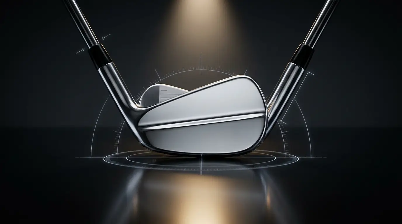 Iron at address, face-on at ball level under a studio beam